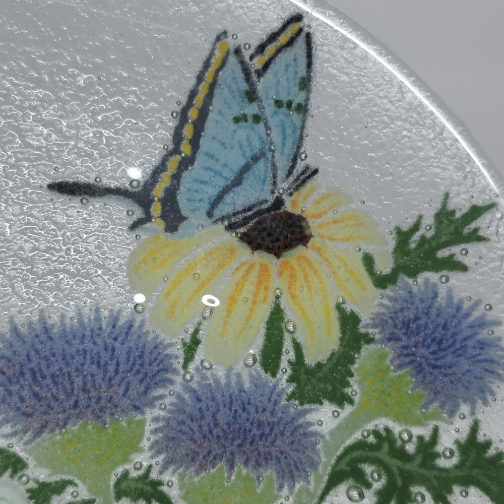 Peggy Karr Fused Art Glass Plate 11" Flowers Butterflies Spring Summer Decor - Picture 4 of 7
